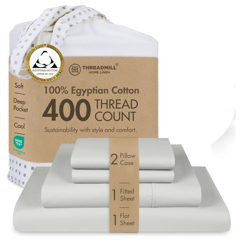 Threadmill Egyptian Cotton Sheets for King Size Bed | 100% Certified Egyptian Cotton King Bed Sheets Set | Snug Fit Elastic Deep Pocket King Sheets Soft, Breathable Solid Sateen | Light Grey - Image 1